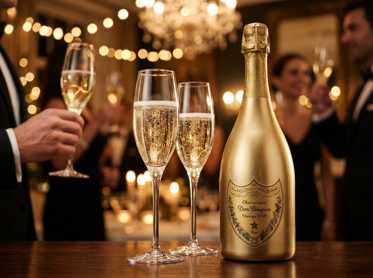 Luxury Cuvée Champagne bottle with sparkling toast glasses at Deepak Wine Shop
